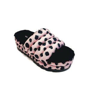 UGG Womens 8 Maxi Slide Cheetah Print Sheepskin Platform Slippers Pink Scallop